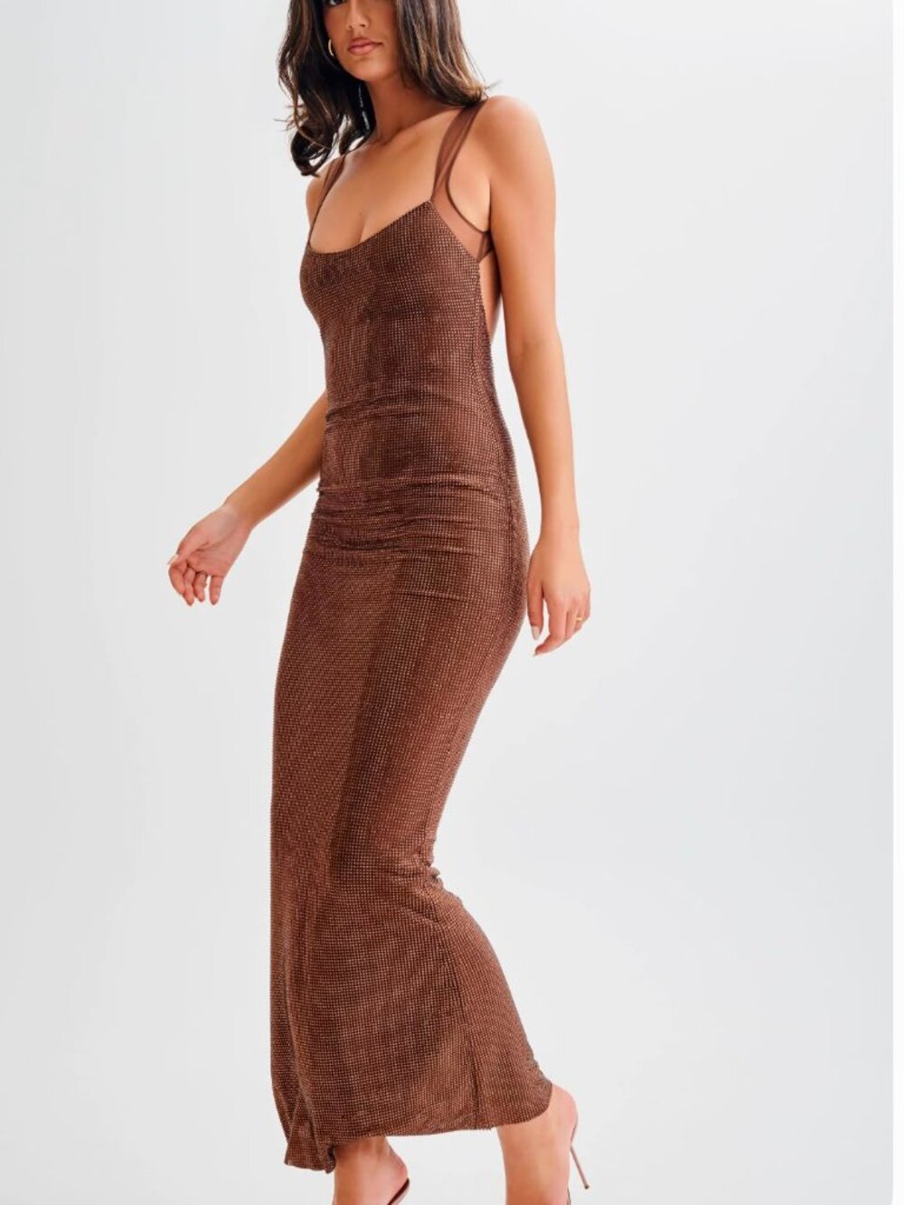 MESHKI JASMYN Hot Fix Mesh Back Maxi Dress Chocolate Brown Crystal Gown XL NWOT - Picture 2 of 5